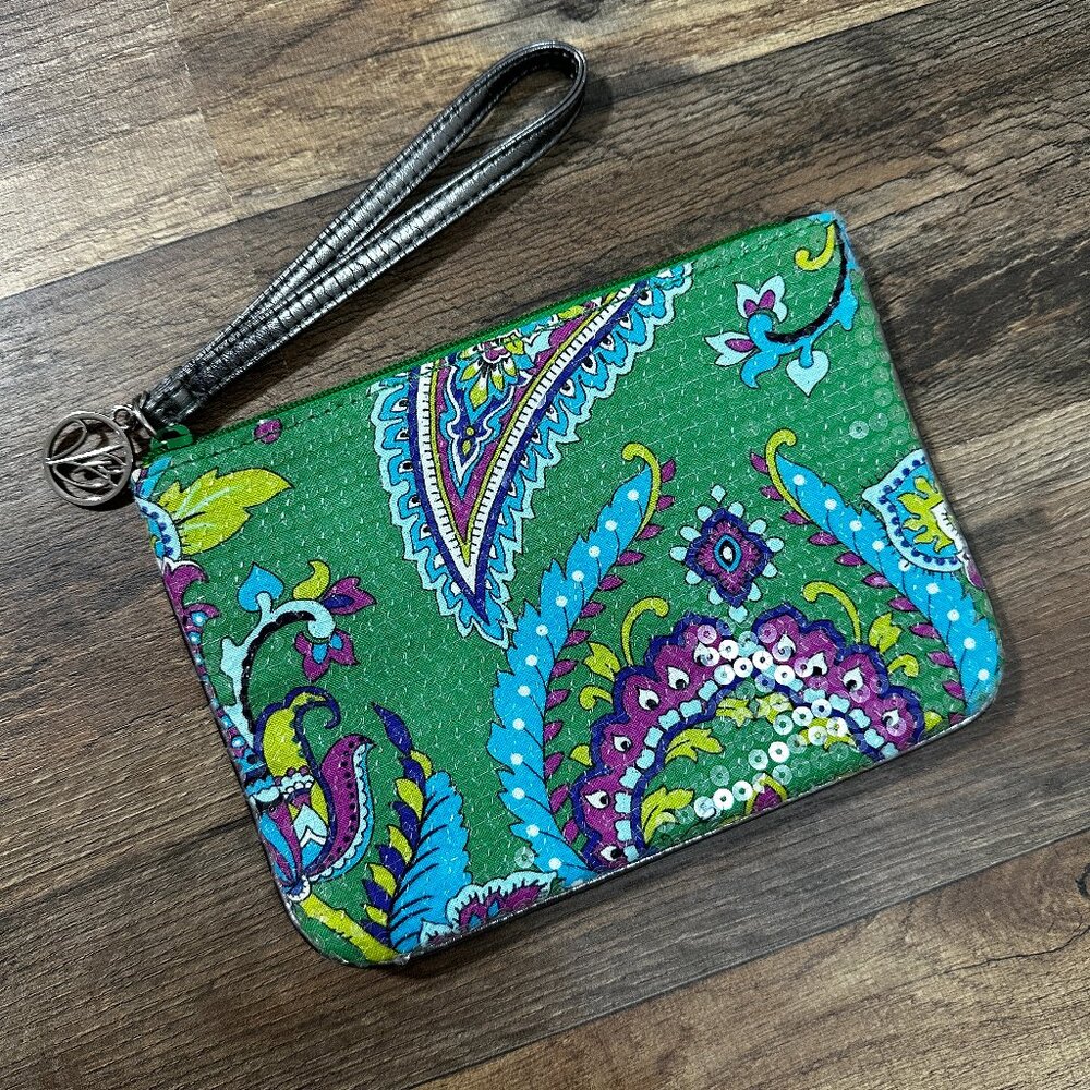 Vera Bradley Emerald Paisley Shimmer Sequin Zip Top Wristlet Rare